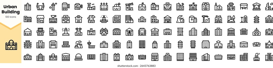 A diverse collection of urban building icons, featuring a variety of architectural styles and designs in a clean, minimalist outline style.