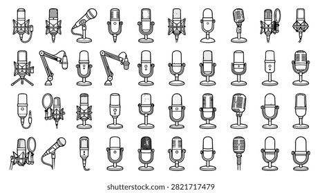 A diverse collection of various microphone types and styles displayed on stands, showcasing different eras and designs.