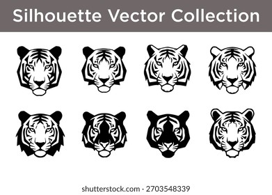 A diverse collection of various tiger head silhouettes, perfect for logos or graphic design.