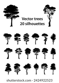 Diverse collection of various tree silhouettes isolated on white background for design elements