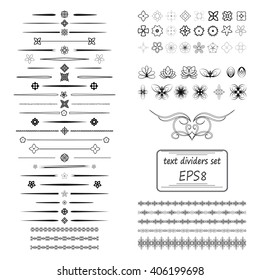 A diverse collection of vector dividers, bumpers, frames, ornaments. Floral elements. Divider set isolated on white. Calligraphic design elements.