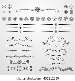 A diverse collection of vector dividers, bumpers, frames, ornaments. Floral elements. Divider set isolated on white. Calligraphic design elements.