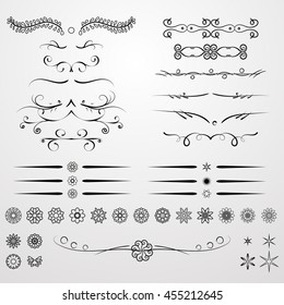 A diverse collection of vector dividers, bumpers, frames, ornaments. Floral elements. Divider set isolated on white. Calligraphic design elements.