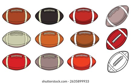 Diverse collection of vector football illustrations in various colors on a clean white background
