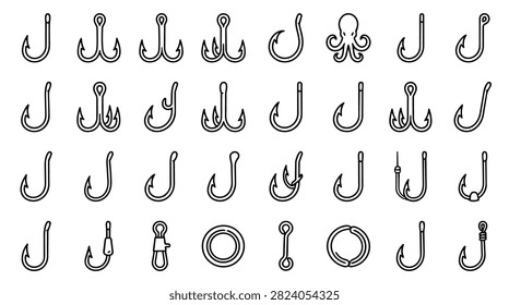 A diverse collection of vector icons representing various fishing hooks and essential fishing accessories.