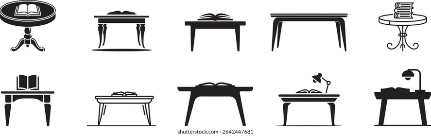 A diverse collection of vector illustrations depicting tables of various styles adorned with books,perfect for interior design projects, educational materials,or representing study and reading spaces.