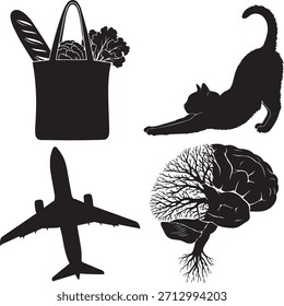 Diverse Kollektion von Vektorsilhouetten verfügt über eine volle Lebensmitteltote Tasche, anmutig streckende Katze, großes Passagierflugzeug, und einzigartiges Gehirn mit Baumwurzeln Design auf transparentem Hintergrund.
