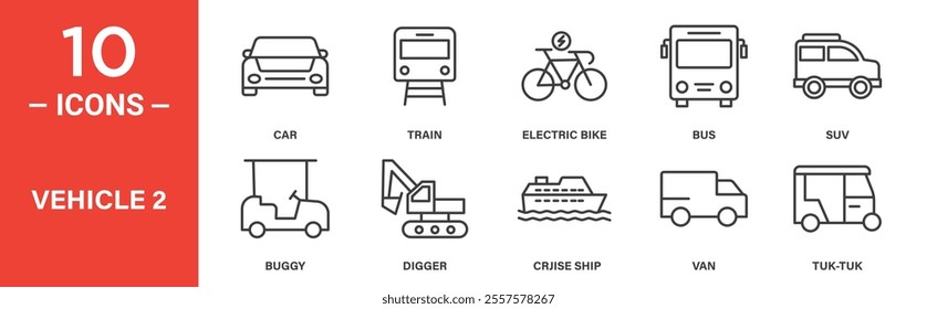 A diverse collection of vehicle icons showcasing cars, trains, electric bikes, buses, SUVs, buggies, diggers, cruise ships, vans, and tuk-tuks for various transportation needs.