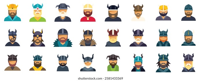 Diverse collection of viking avatars showcasing various horned helmets and beards, representing scandinavian warriors in a stylized manner