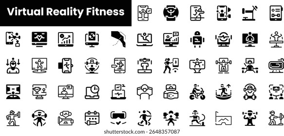 A diverse collection of virtual reality fitness icons, showcasing various exercises and activities in monochrome design. Perfect for tech and fitness enthusiasts.