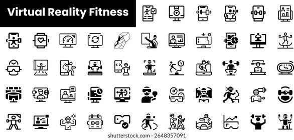 A diverse collection of virtual reality fitness icons, showcasing various activities including workouts, exercises, and health monitoring, emphasizing innovation in fitness tech.