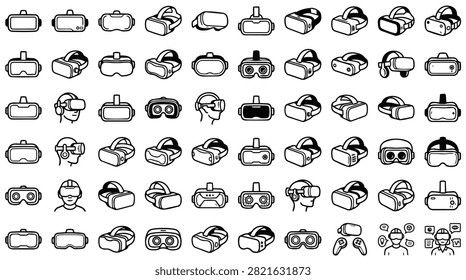 A diverse collection of virtual reality headset icons presented in a clean, illustrative style with black outlines on a white background.
