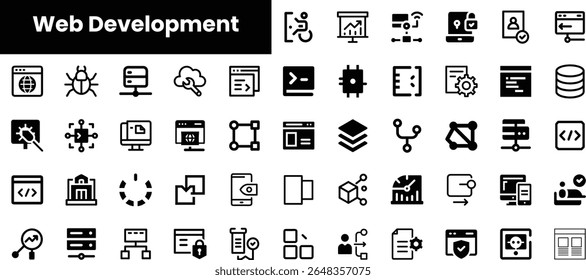A diverse collection of web development icons highlighting coding, databases, and user interface concepts in a minimalist black and white design.