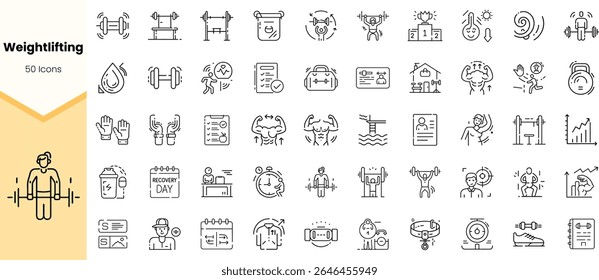 A diverse collection of weightlifting icons featuring various fitness activities, equipment, and exercises in a minimalist style.