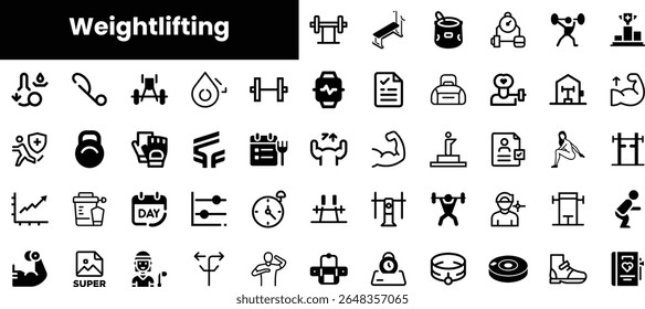 Uma coleção diversificada de ícones de levantamento de peso apresentando vários equipamentos de ginástica e exercícios em um estilo moderno, minimalista, adequado para os entusiastas de fitness.