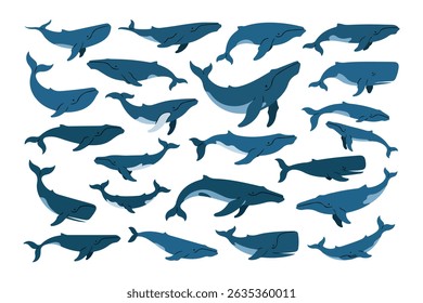 Diverse collection of whales in various poses and shapes isolated on a white background