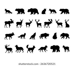 A diverse collection of wild animal silhouettes, including deer, bears, and wolves, in vector illustration format