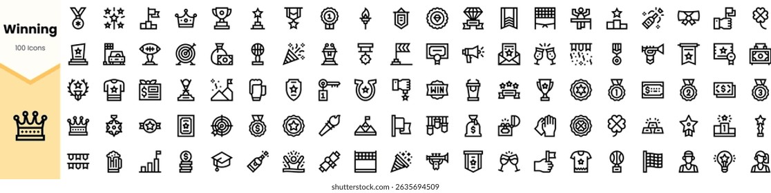 A diverse collection of winning-themed icons, featuring trophies, medals, and awards. Perfect for celebrating achievements and success.