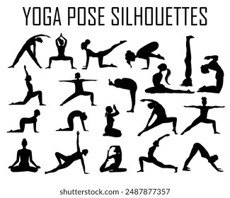 A diverse collection of yoga pose silhouettes, perfect for fitness blogs, yoga studios, and wellness content. This graphic highlights various yoga postures, promoting health and flexibility. EPS 10