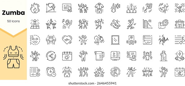 A diverse collection of Zumba-themed icons showcasing fitness, dancing, and health in a playful, engaging style with energetic line art.