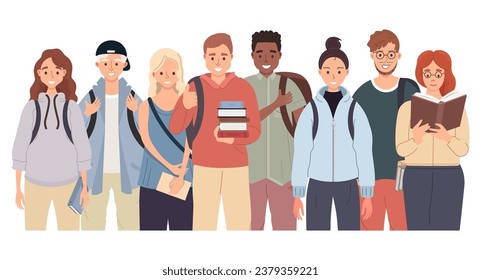 Diverse college student group with backpacks and books standing together. Young people classmates in casual clothes.