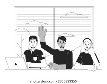 Diverse college students in classroom bw vector spot illustration. Freshmen 2D cartoon flat line monochromatic characters for web UI design. University class editable isolated outline hero image