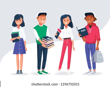 Diverse college or university students holding and reading books. Students different nationalities from different countries standing in line.  Vector illustration. Flat design