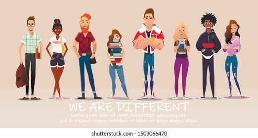 Diverse College or University Students Holding Book Piles and Racksack Flat Cartoon Banner Vector Illustration. People Different Nationalities from Various Countries Standing in Line.