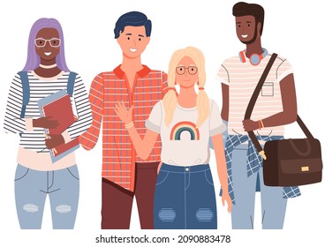 Diverse college, university students standing in line. Group of young people, multicultural men and women. Multinational couples, students of educational institution, university with books and laptops