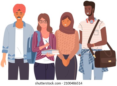 Diverse college, university students standing in line. Group of young people, multicultural men and women. Multinational couples, students of educational institution, university with books and laptops