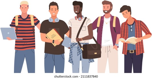 Diverse college, university students standing in line. Group of young people, multicultural men. Multinational male characters, students of educational institution, university with books and laptops