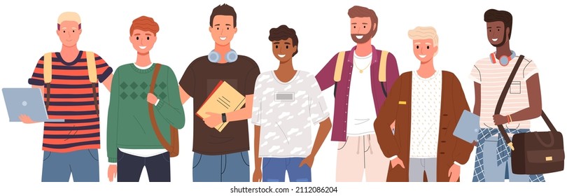 Diverse college, university students standing in line. Group of young people, multicultural men. Multinational male characters, students of educational institution, university with books and laptops