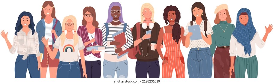 Diverse college, university students standing in line. Group of young people, multicultural men and women. Multinational couples, students of educational institution, university with books and laptops