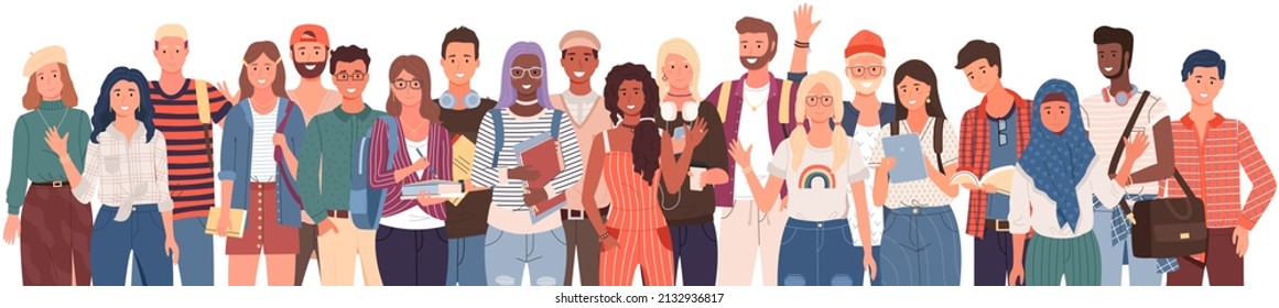 Diverse college, university students standing in line. Group of young people, multicultural men and women. Multinational couples, students of educational institution, university with books and laptops