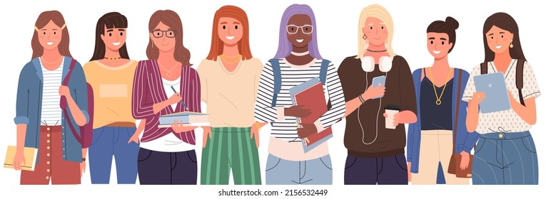 Diverse College, University Students Standing In Line. Group Of Young People, Multicultural Women. Multinational Female Characters, Students Of Educational Institution, University, School Pupils