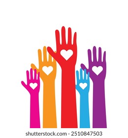 Diverse colorful arms with heart icon, multi-ethnic hands raised up and spread love vector illustration isolated on white background