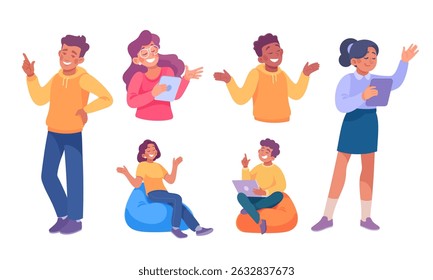 Diverse and colorful characters engaging playfully with technology and various forms of media