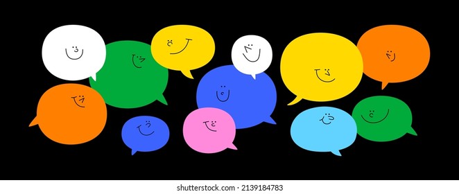Conjunto de ilustraciones de caracteres de burbuja de chats coloridas y diversas. Colección de globos de texto con dibujos animados multicolor en estilo doodle infantil divertido. Amistoso concepto de trabajo en equipo o conversación en grupo.