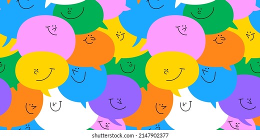 Diverse colorful chat bubble seamless pattern illustration. Multi color rainbow cartoon text balloon in funny children doodle style. Friendly team work or group conversation background concept.