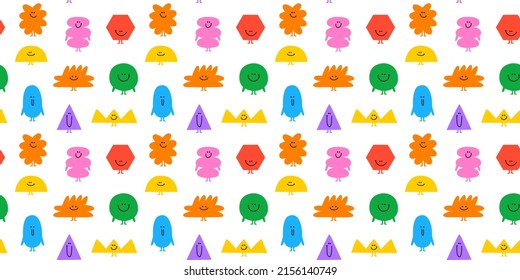 Diverse colorful geometric shape cartoon character seamless pattern illustration. Basic geometry shapes in funny children doodle style. Friendly community or kid education background concept.