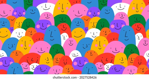 Diverse colorful people crowd seamless pattern illustration. Multi color rainbow cartoon characters in funny children doodle style. Friendly community or kid group background concept.