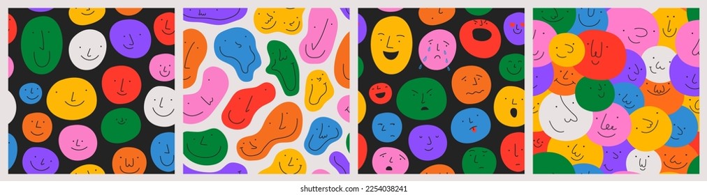 Diverse colorful people crowd seamless pattern illustration set. Funny cartoon characters in cute children doodle style. Friendly community, kid emotion psychology background collection.