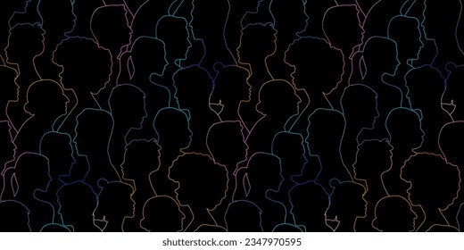 Diverse colorful people crowd silhouette abstract art seamless pattern. Multi-ethnic community, cultural diversity group background drawing illustration in color gradient style.