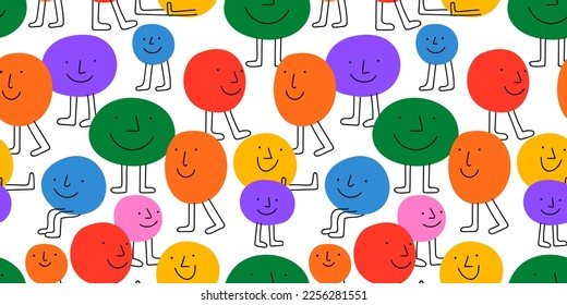 Diversas personas coloridas se enfrentan a una perfecta ilustración de patrones. Personajes de dibujos animados multicolores felices con un divertido estilo de garabato infantil. Amistosa comunidad o grupo de niños sonriendo en el fondo.