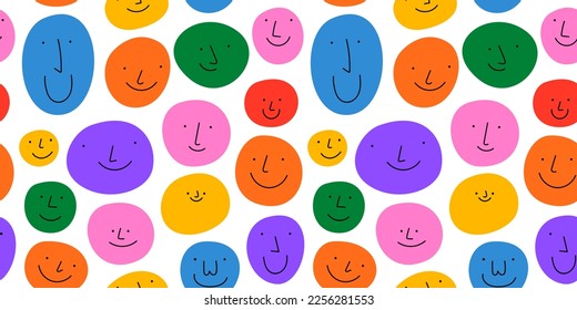 Diverse colorful people faces seamless pattern illustration. Multi color happy cartoon characters in funny children doodle style. Friendly community or kid group smiling background print.