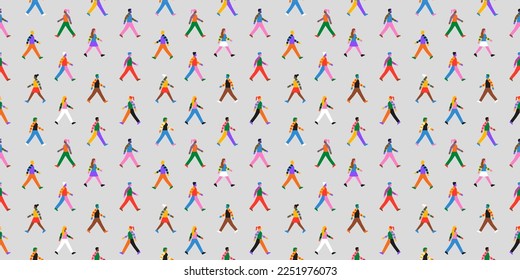 Diverse colorful people group walking together seamless pattern illustration. Rainbow color character crowd background for friendship or team work concept. Different ethnic culture wallpaper texture.