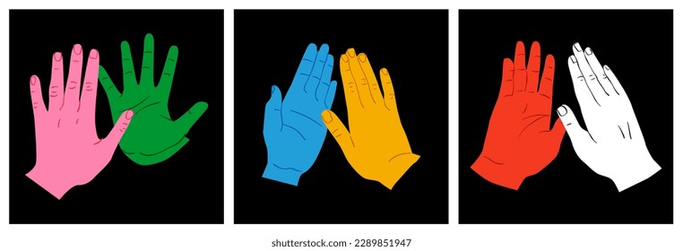 Diverse colorful people hand doing high five gesture together. Modern hands cartoon illustration of business partner team, friend group or success celebration concept.
