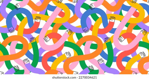 Diverse colorful people hands together seamless pattern illustration. Funny multicolor hand community background print. Friend team, business teamwork or community help texture drawing.
