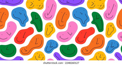 Diverse colorful people melting faces seamless pattern illustration  Multi color happy cartoon characters in funny children doodle style  Friendly community kid group smiling background print 