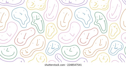 Diverse colorful people melting faces seamless pattern illustration. Multi color happy cartoon characters in funny children doodle style. Friendly community or kid group smiling background print.